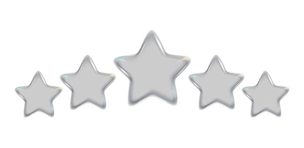 istock Five stars review. Render transparent glass shape customer feedback stars, 5 star review appraisal hotel label. 2255704430