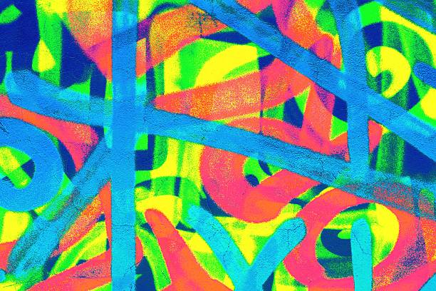 Graffiti pattern in neon blue, green, orange, yellow. Urban 90s, Y2K style, fluorescent vibrancy, street art. Digital art, posters, modern 90s, Y2K creative banner, 2000s summer visuals