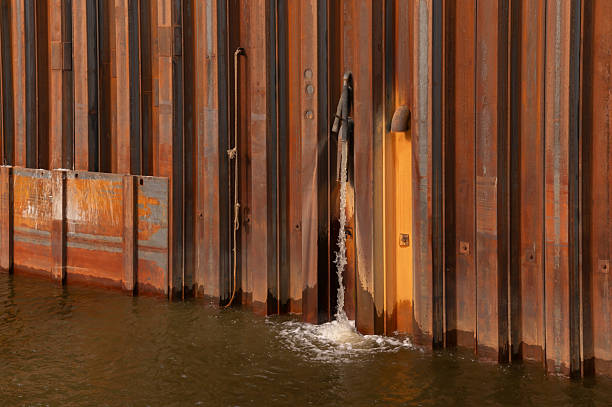 Vertical metal shore protection wall in the water