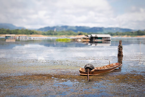 Long tail boat parked on the banks of the river