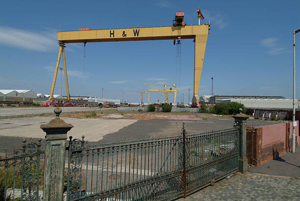Aerial view of Samson and Goliath Cranes at Harland and Wolff Shipyard Dockyard where RMS Titanic was built at Titanic Quarter Belfast Northern Ireland 03-03-23