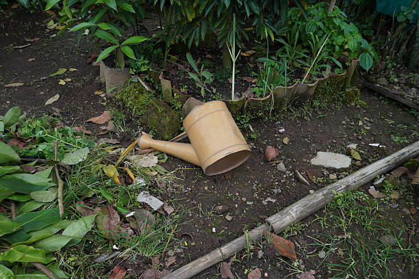 Discarded yellow watering can lying in a rural garden bed. Gardening tool, neglect, and rustic outdoor environment concept.