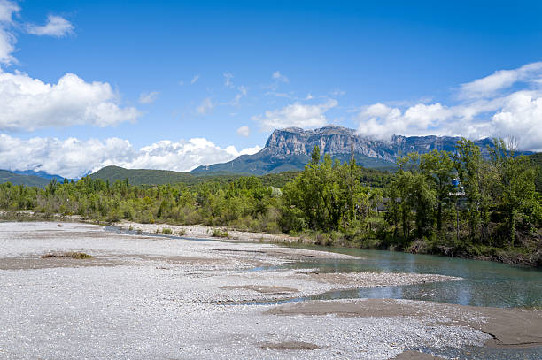 Wide gravel riverbank curves alongside the clear Rio Cinca, framed by lush green trees and dramatic Pyrenees peaks under a bright blue sky. Sunlight enhances the vivid landscape and tranquil, natural atmosphere.