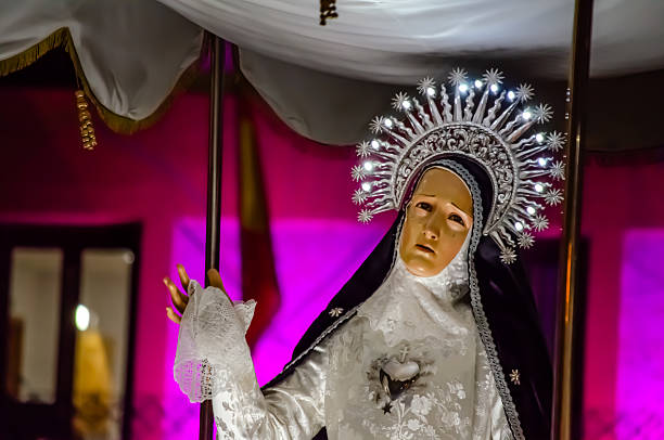 Holy Week procession, Holy Week float, Our Lady of Solitude under a canopy. Christian festival. Tordesillas, Valladolid, Castile and León, Spain, Europe - April 14, 2022.