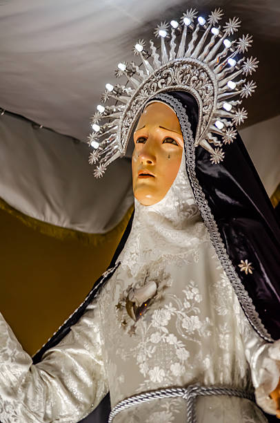 Holy Week procession, Holy Week float, Our Lady of Solitude under a canopy. Christian festival. Tordesillas, Valladolid, Castile and León, Spain, Europe - April 14, 2022.