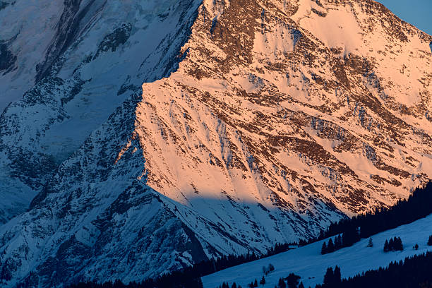 Warm alpenglow bathes the rugged, snow-covered face of Aiguille de Bionnassay, casting dramatic shadows across the textured alpine landscape in the French Alps.