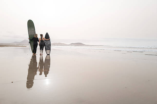 istock Female Surfers Carrying Surfboards Along Sandy Beach 2255726402
