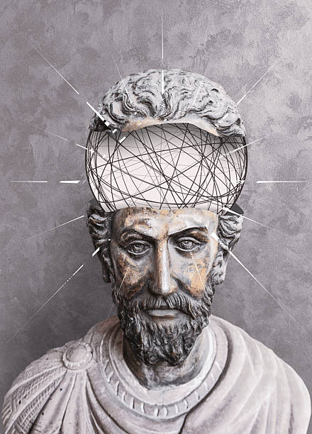The thinker has the globe in his head - modern creative concept image with ancient statue head.