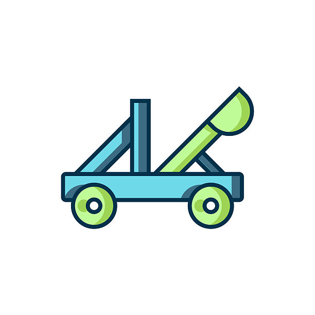 Filled outline Old medieval wooden catapult shooting stones icon isolated on white background. Flat filled outline style with shadow. Vector.
