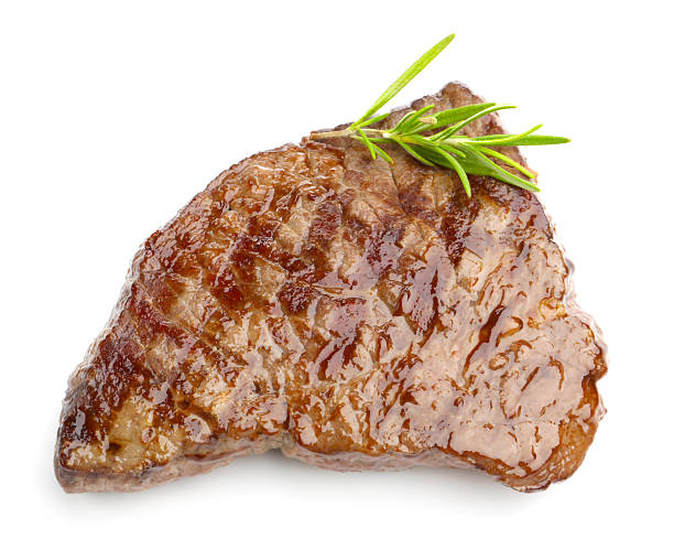 istock Delicious grilled beef steak with rosemary isolated on white, above view 2255744824