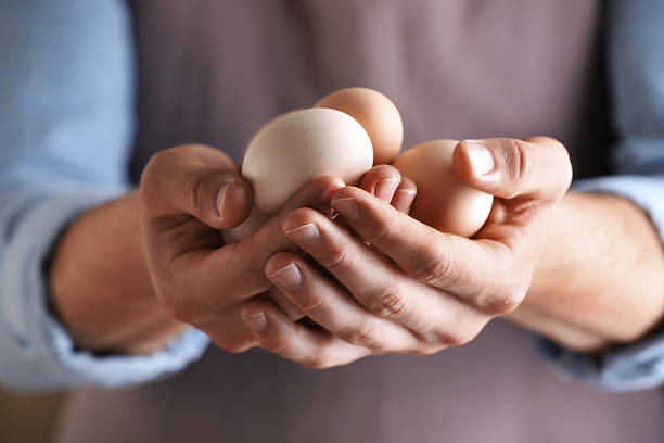 Man with many raw chicken eggs, closeup
