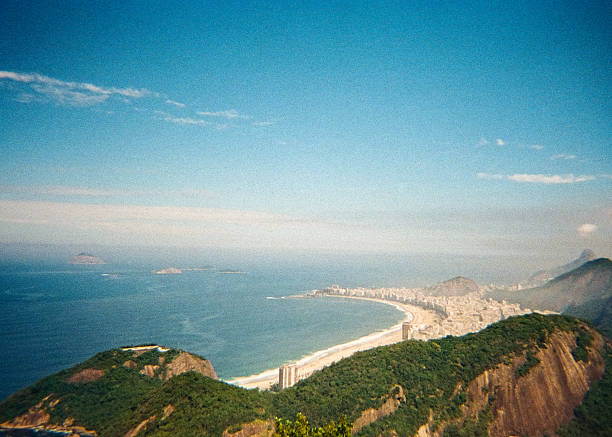 high-angle, panoramic analog film scan of Rio de Janeiro, Brazil, showing the famous crescent of Copacabana Beach, the Atlantic Ocean, and lush green coastal mountains