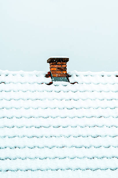 Brick chimney protruding from a thick snow-blanketed rooftop under a pale overcast sky, with subtle snow texture on the cap. Selective focus.