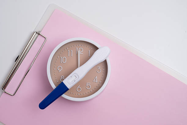 A pregnancy test lies flat on a vibrant blue background, showcasing its results clearly. The clean design highlights the crucial moment for expectant individuals.