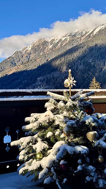 A Christmas tree covered with snow, under the sun's rays, against the backdrop of a winter alpine mountain landscape and a bright sky