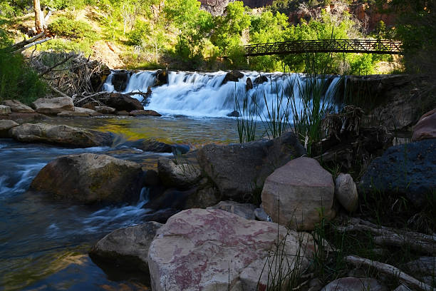 A waterfall along the Virgin River in Zion National Park in Utah. Zion National Park is the epitome of the southwest Landscape of the United States. The Virgin River runs through the valley of the national park and in the spring, it flows heavily from the melting snow in the mountains that feed it.