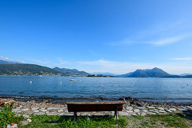 A wooden bench faces the calm blue waters of Lake Maggiore, with a distant sailboat and the silhouette of Isola dei Pescatori framed by forested hills and alpine peaks. The lakeshore scene is set under a wide, clear sky in northern Italy.