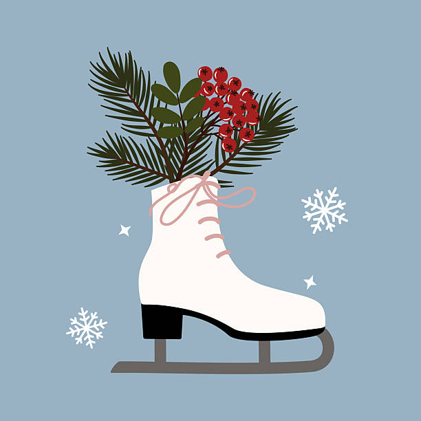Flat vector illustration of a white ice skate decorated with evergreen pine branch, green leaves and red berries. Snowflakes and small stars around the skate. Minimal winter composition on a blue background.