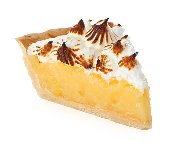 Piece of delicious pie with browned meringue isolated on white