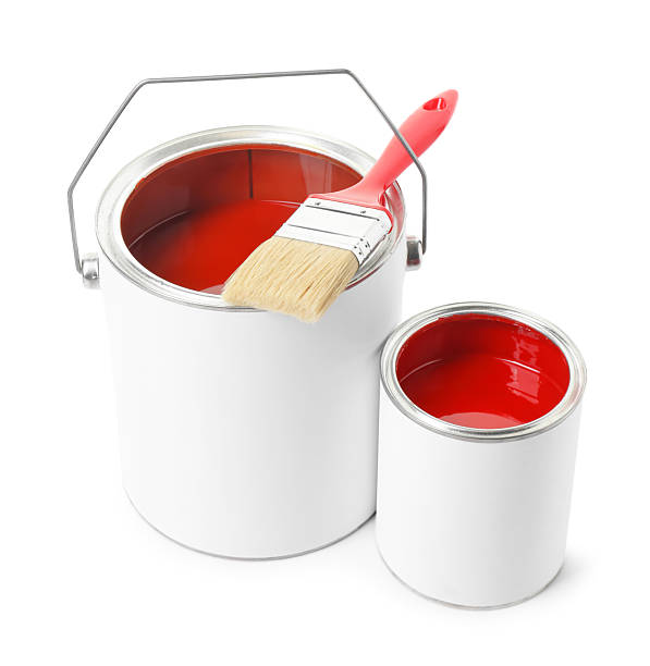 istock Cans of red paint and brush isolated on white 2255768724
