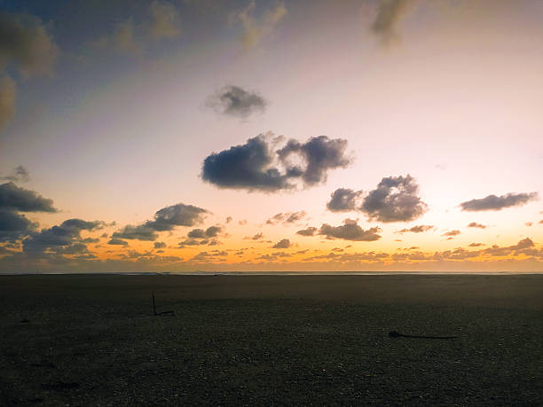 This moody golden hour landscape features a wide, peaceful beach under a dramatic sky with heartshaped clouds. A perfect cinematic background for romantic, travel, or naturethemed projects.