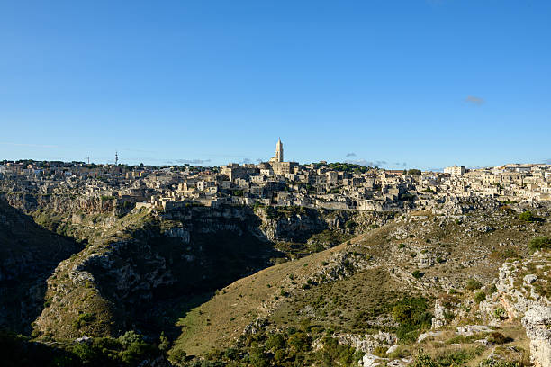 Panoramic daylight view of Matera, Italy, showing ancient stone buildings and cathedral tower above a dramatic rocky canyon under a clear blue sky.