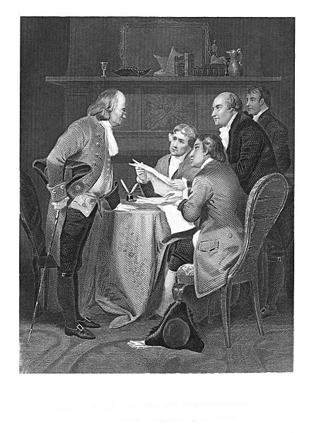 A committee of five members of the Continental Congress--Ben Franklin, Thomas Jefferson, John Adams, Roger Livingston, Robert Sherman --draft the Declaration of Independence of the United States from Britain. Steel engraved illustration published 1874. Original edition is from my own archives.  Copyright has expired and is in Public Domain.