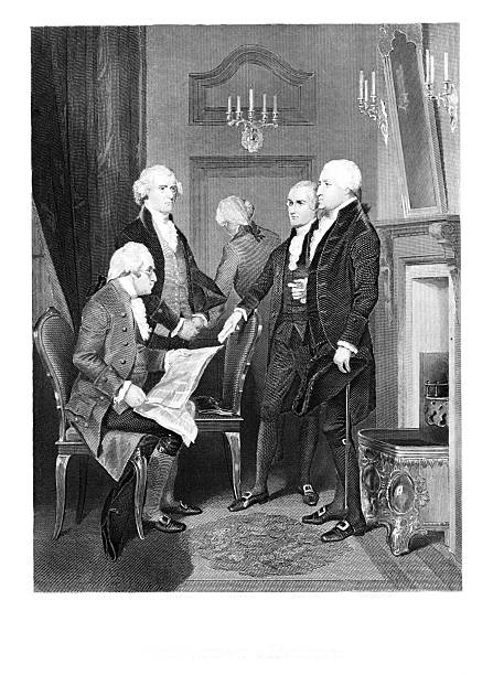 First US President George Washington with his Cabinet: Thomas Jefferson, Alexander Hamilton, Henry Knox, Edmund Randolph. Steel engraved illustration published 1874. Copyright expired; artwork is in Public Domain.