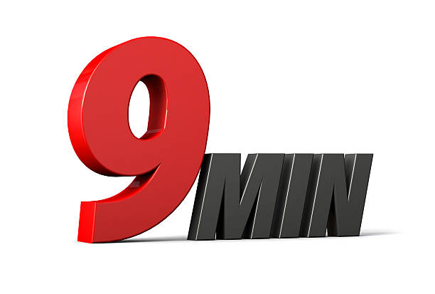 9 Min 3d text logo with a bold red number and sleek black letters, representing speed, urgency, and quick time concept on a white background. 3d illustration.