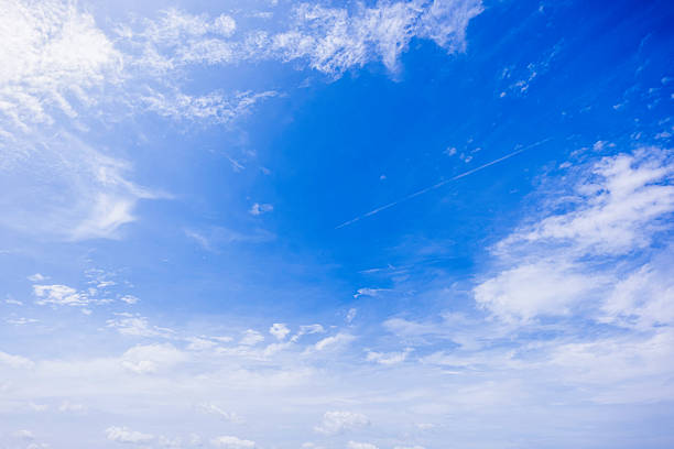 Panoramic view of clear blue sky and clouds, Blue sky background with tiny clouds. White fluffy clouds in the blue sky. Captivating stock photo featuring the mesmerizing beauty of the sky and clouds.