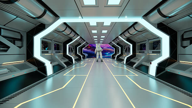 Spaceship flying over earth with open bay doors revealing sunrise. 3d rendering