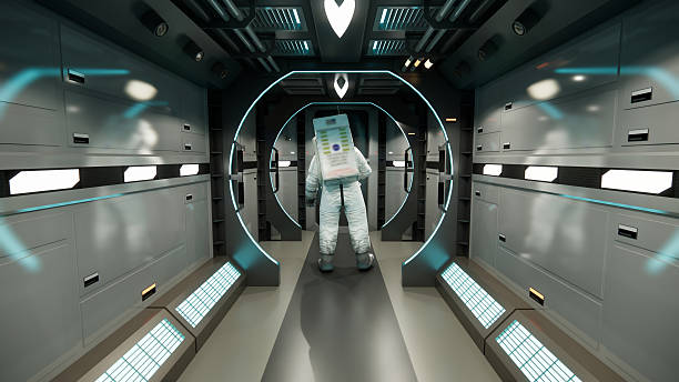 Spaceship flying over earth with open bay doors revealing sunrise. 3d rendering