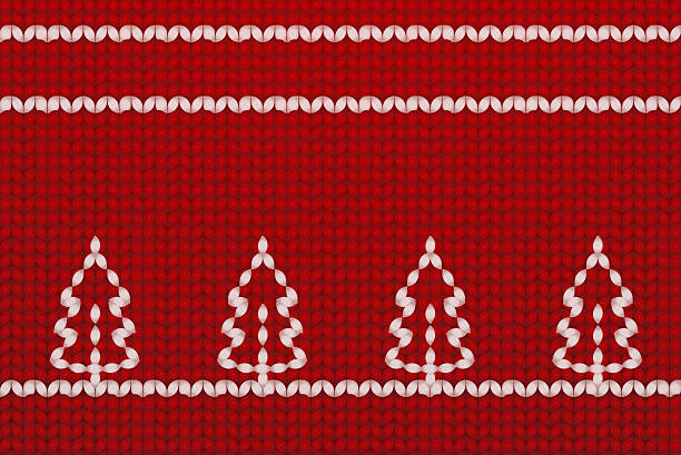 knitted vector pattern with white fir trees on red background. Winter mood.