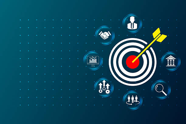 Abstract bullseye target with arrow and business icons on blue grid background, concept of goals, KPI, growth, marketing, analytics, partnership, finance, and digital success.