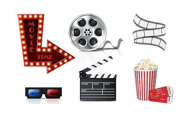 realistic vector icon illustrations. Cinema and movie icon set, lights arrow, popcorn and tickets, 3d glasses, movie tape.