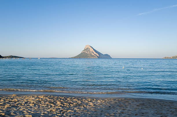 Soft golden sand and gentle waves at Porto Taverna beach with the iconic Tavolara island rising from the calm blue Mediterranean Sea under a clear sky.