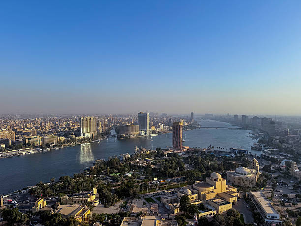 Cairo, Egypt - September 29, 2025: Panoramic bend of the Nile River and Cairo skyline