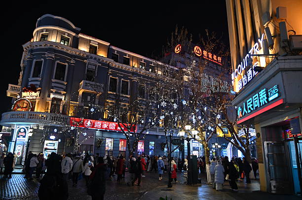 Harbin, China – December 29, 2025: The Streets of Harbin City During Winter - some random rows of shophouses at the Central street