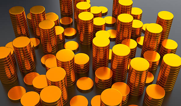 This luxurious 3D illustration features a dense arrangement of blank gold coin stacks set against a sleek dark background. The varying heights of the columns represent fluctuating market trends, capital accumulation, and the steady growth of investment portfolios over time. The glossy, reflective surfaces of the metal coins convey a strong sense of premium value, economic stability, and financial prosperity. This high-quality visualization is perfect for banking advertisements, annual reports, stock market analysis, and business presentations regarding inflation or recession. Ideal for financial institutions, investors, and corporate professionals seeking to communicate concepts of savings, profit, and long-term fiscal success in a visually compelling and modern manner.