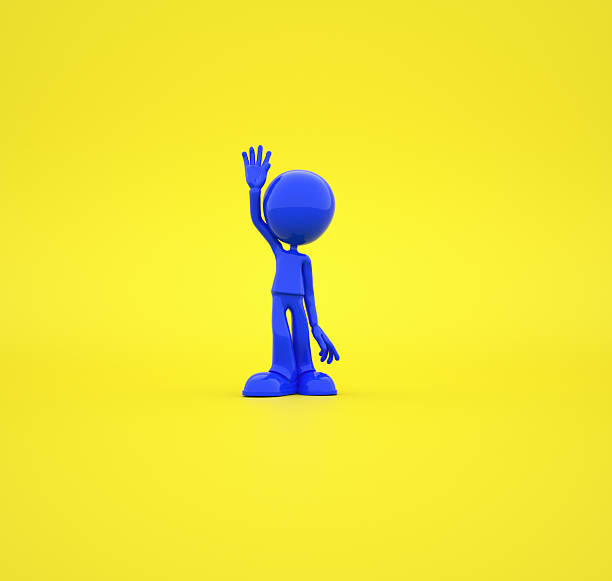 Blue 3d character waving hello welcome attention help concept. This is a 3d illustration, made by hand.