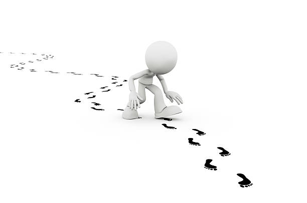 3D Human character following winding footprints path of direction and choice. This is a 3d illustration, made by hand.