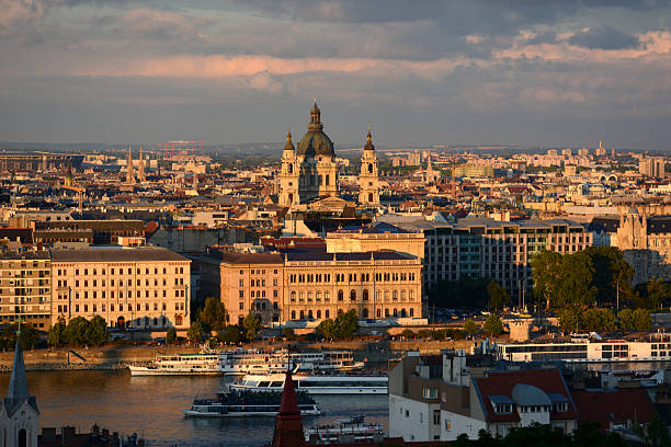 Budapest cityscape with the St. Stephen's Basilica, viewed from Buda, Hungary.