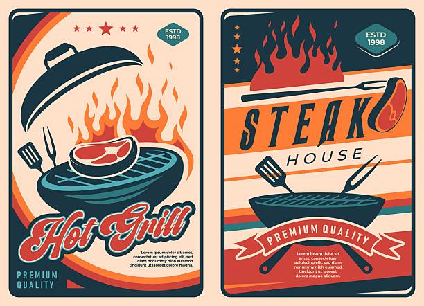 Retro bbq meat vector posters. Grill barbeque party invite of steak on charcoal grill with marbling placed on a round grill above fire flames, crossed spatula and fork. Vintage menu for restaurant