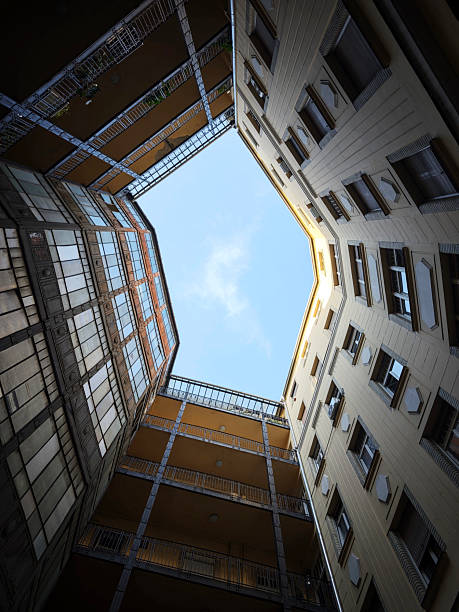 Low angle view from the courtyard at Karoly residences in Downtown Budapest, Hungary.