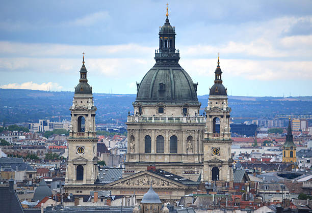 Budapest cityscape with the St. Stephen's Basilica, viewed from Buda, Hungary.