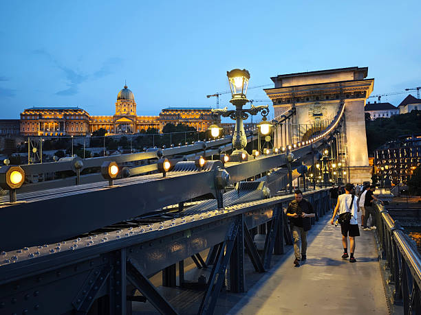People walking on the Széchenyi Chain Bridge by night, a historical chain bridge that spans the River Danube between Buda and Pest in Budapest, the capital of Hungary. In the distance, the Buda Castle, the historical castle and palace complex of the Hungarian kings in Budapest.