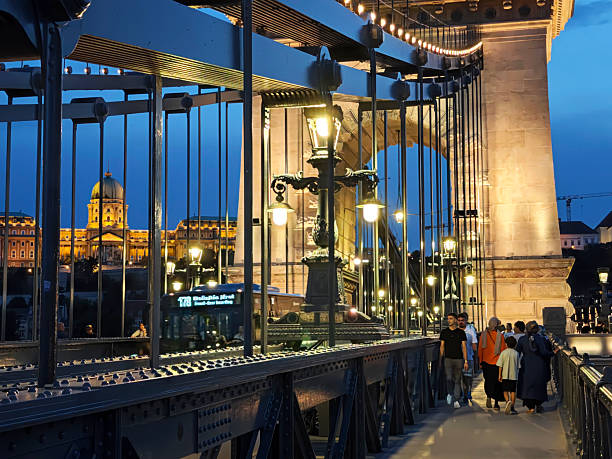 People walking on the Széchenyi Chain Bridge by night, a historical chain bridge that spans the River Danube between Buda and Pest in Budapest, the capital of Hungary. In the distance, the Buda Castle, the historical castle and palace complex of the Hungarian kings in Budapest.