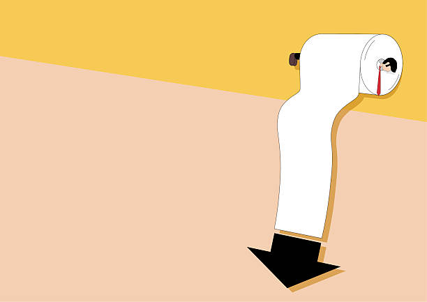 Male office worker with a red tie stuck in the middle of a thick paper roll, a hand drawn vector illustration with the paper sheet falling down with an arrow.