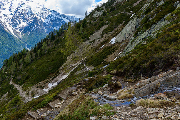A narrow mountain path winds across a steep, rocky hillside dotted with patches of melting snow and scattered trees, set against dramatic snow-capped peaks under a partly cloudy sky.
