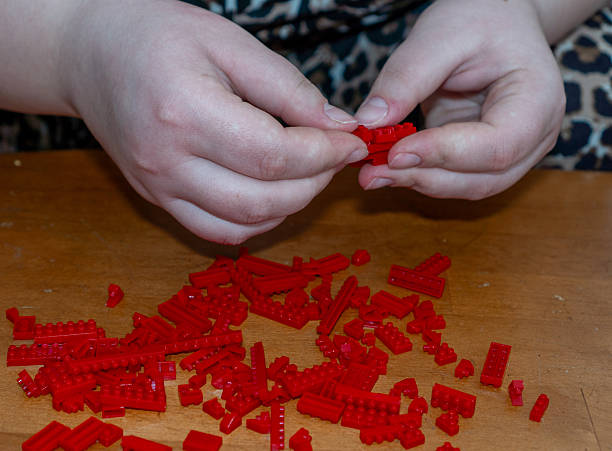 A person (child or adult) constructs a model from small red blocks. Develops perseverance, creative thinking, and fine motor skills.